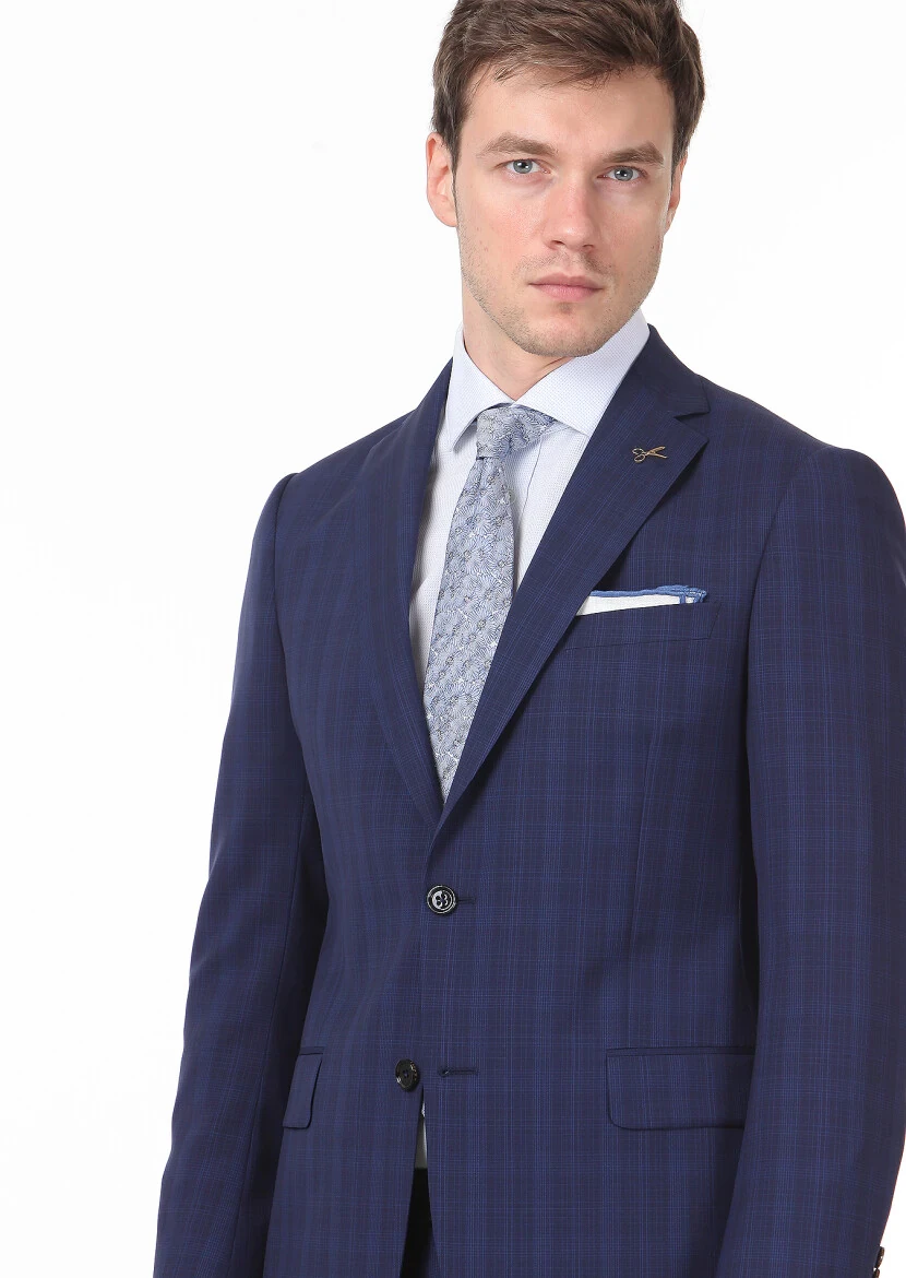 Navy Blue Checkered Regular Fit 100% Wool Suit - 2