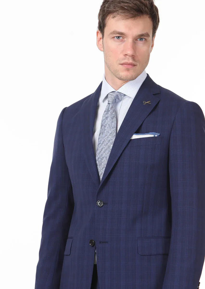 Navy Blue Checkered Regular Fit 100% Wool Suit - 2