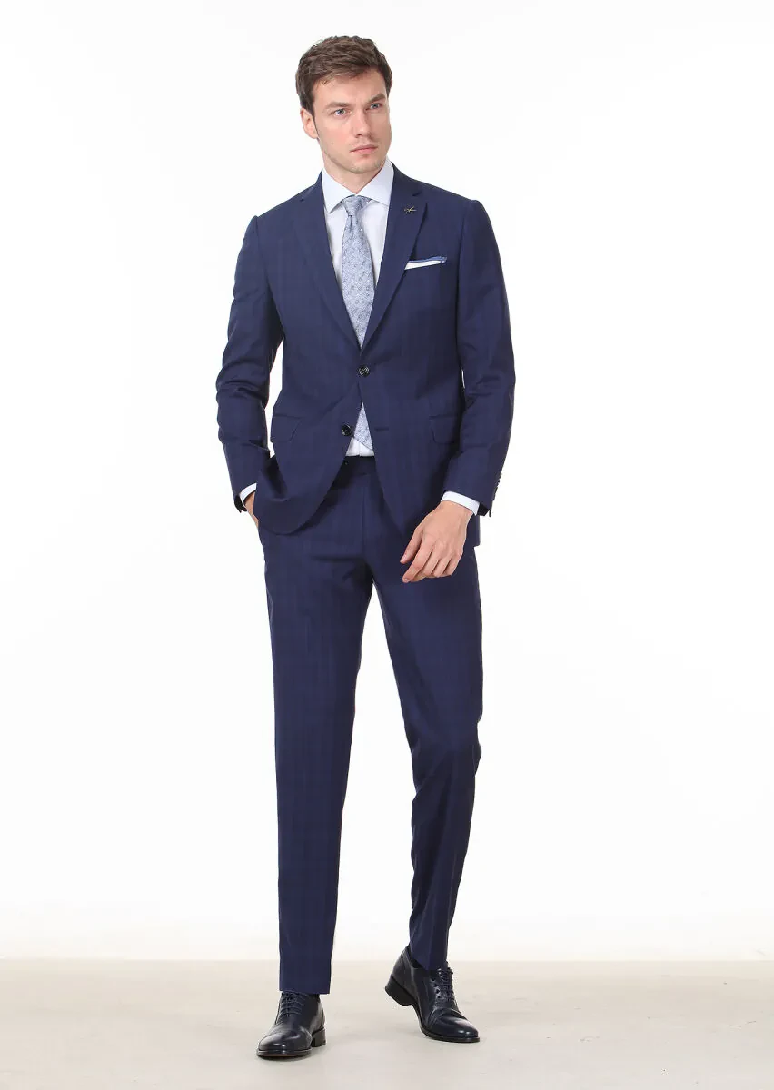Navy Blue Checkered Regular Fit 100% Wool Suit - 3