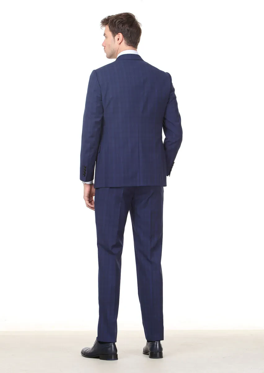 Navy Blue Checkered Regular Fit 100% Wool Suit - 4