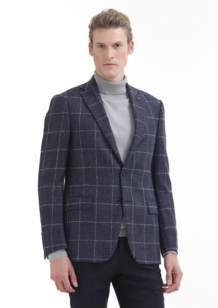 Navy Blue Checkered Regular Fit Silk Blended Jacket - 1