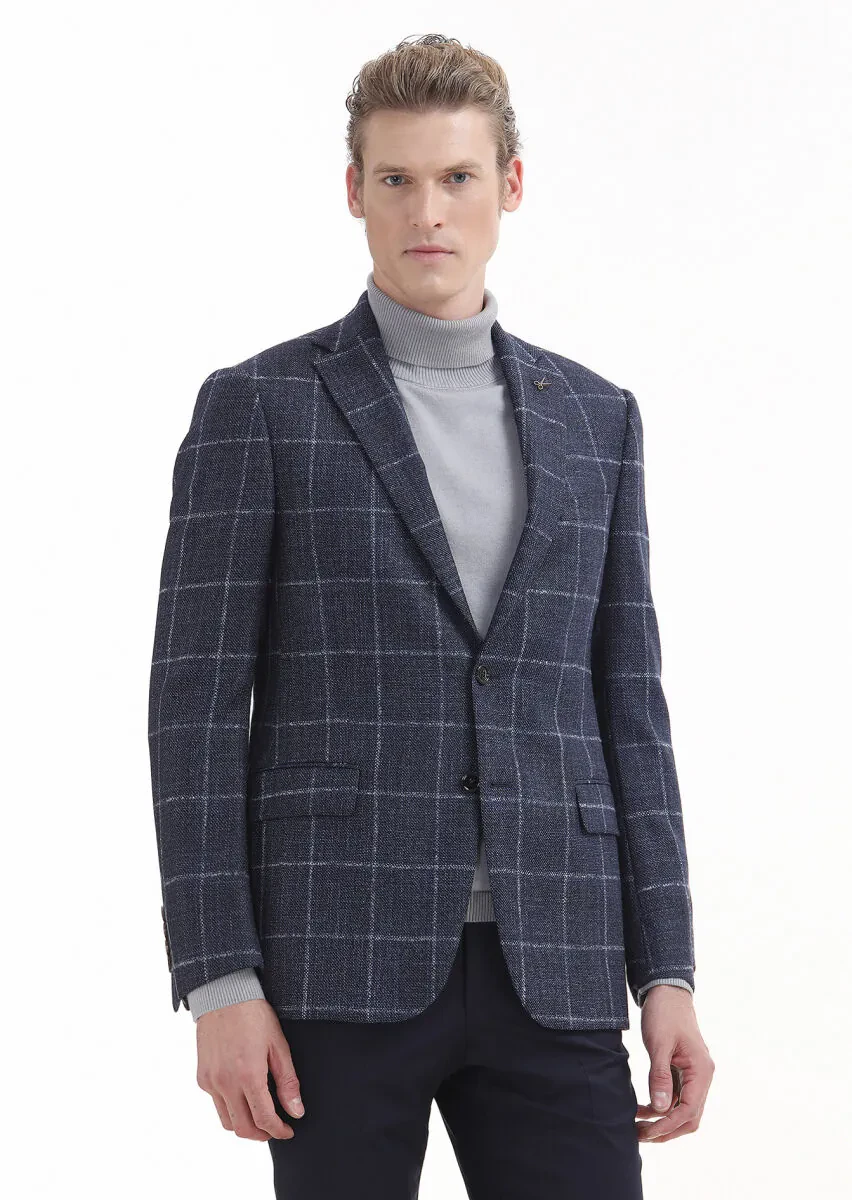 Navy Blue Checkered Regular Fit Silk Blended Jacket - 1
