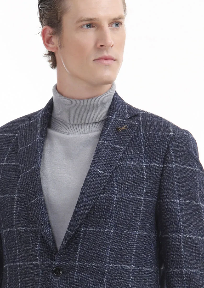 Navy Blue Checkered Regular Fit Silk Blended Jacket - 3