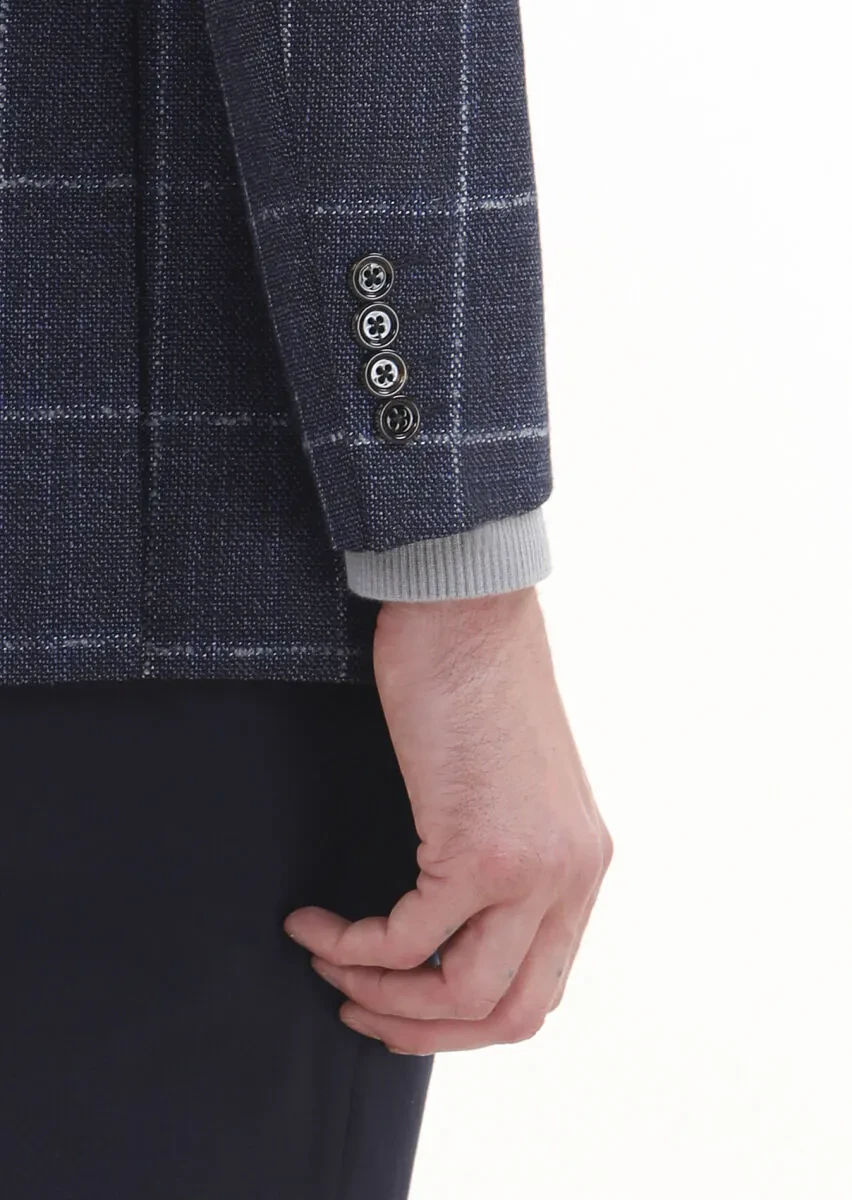 Navy Blue Checkered Regular Fit Silk Blended Jacket - 4