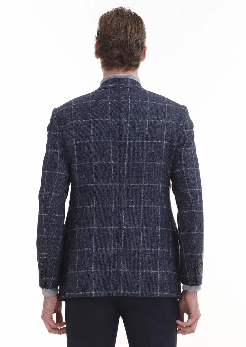 Navy Blue Checkered Regular Fit Silk Blended Jacket - 5