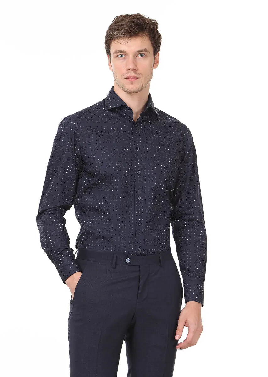 Navy Blue Checkered Regular Fit Weaving Classical 100% Cotton Shirt - 1