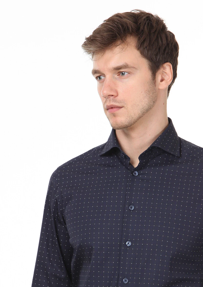 Navy Blue Checkered Regular Fit Weaving Classical 100% Cotton Shirt - 2