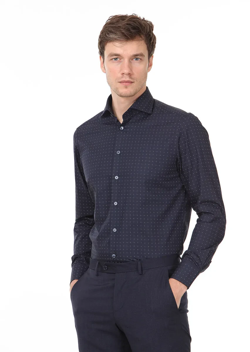 Navy Blue Checkered Regular Fit Weaving Classical 100% Cotton Shirt - 3