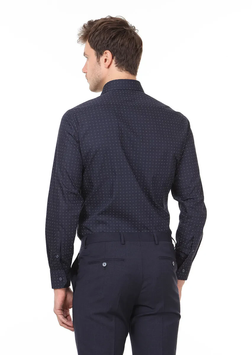 Navy Blue Checkered Regular Fit Weaving Classical 100% Cotton Shirt - 4