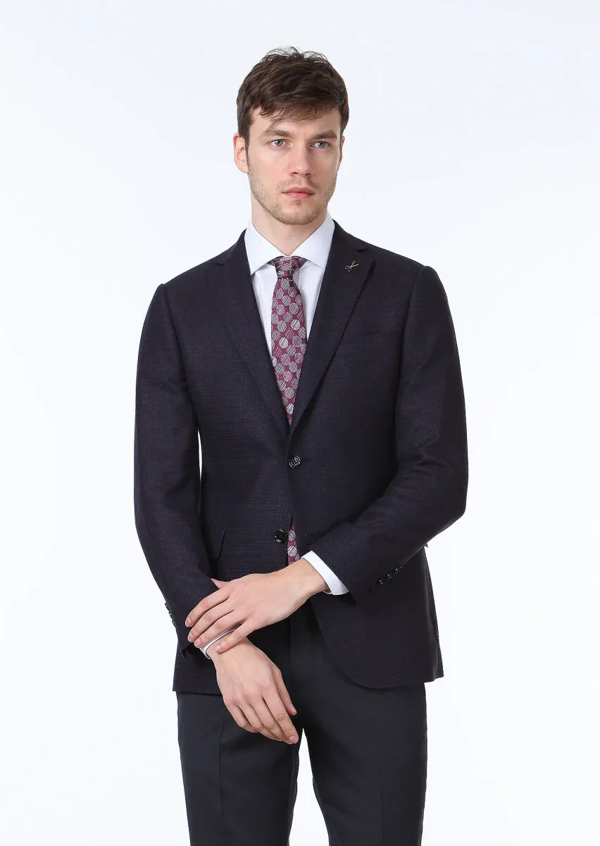 Navy Blue Checkered Regular Fit Wool Blended Jacket - 1