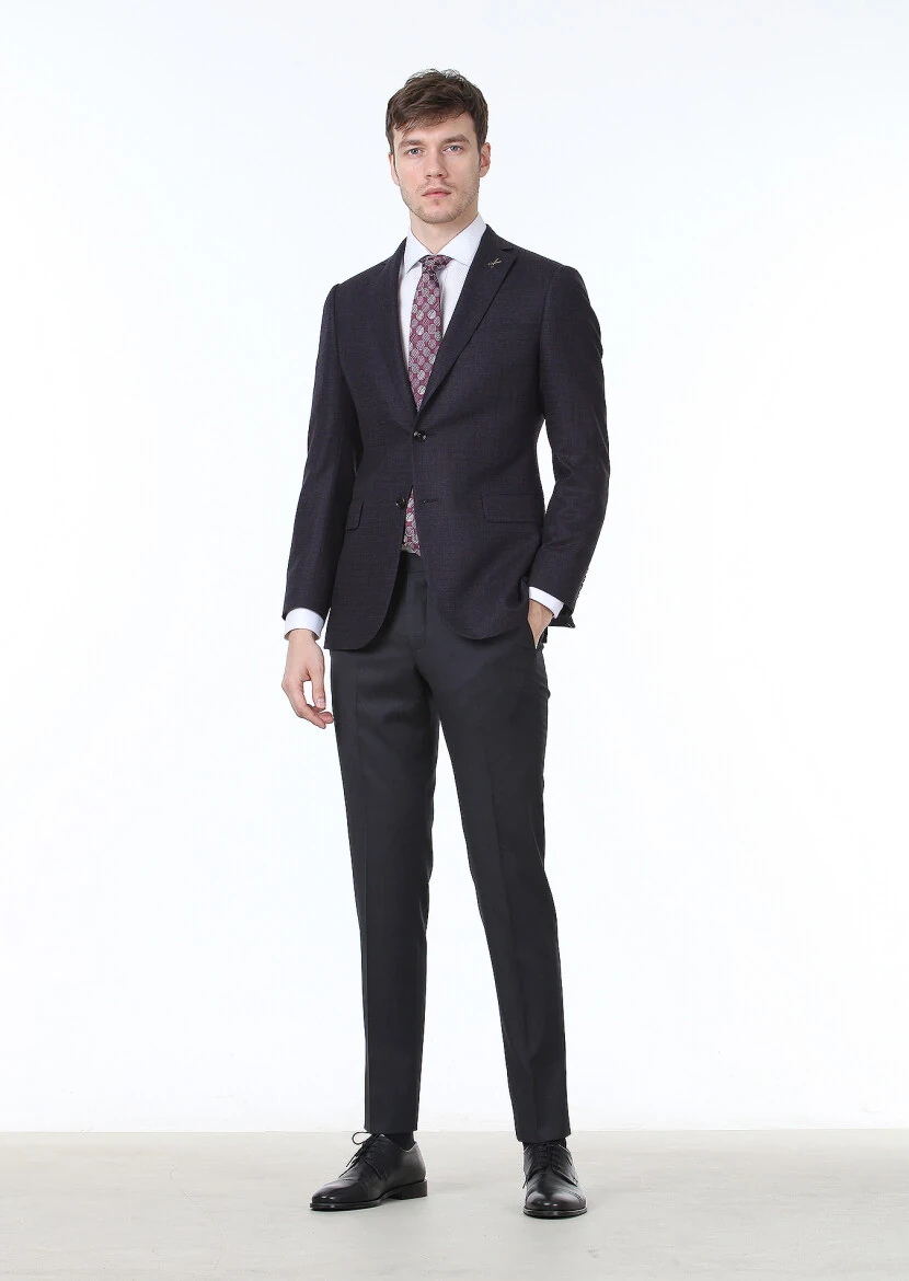 Navy Blue Checkered Regular Fit Wool Blended Jacket - 3