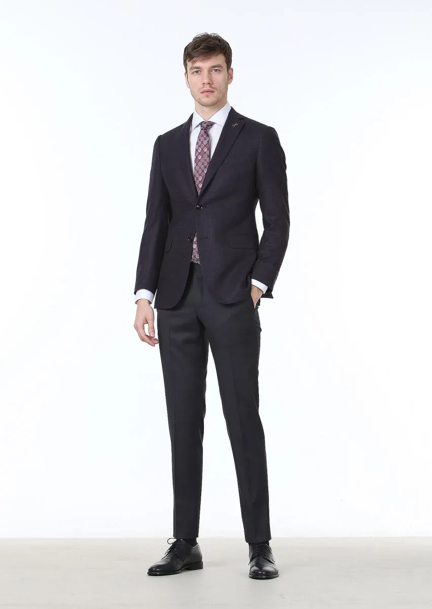 Navy Blue Checkered Regular Fit Wool Blended Jacket - 3