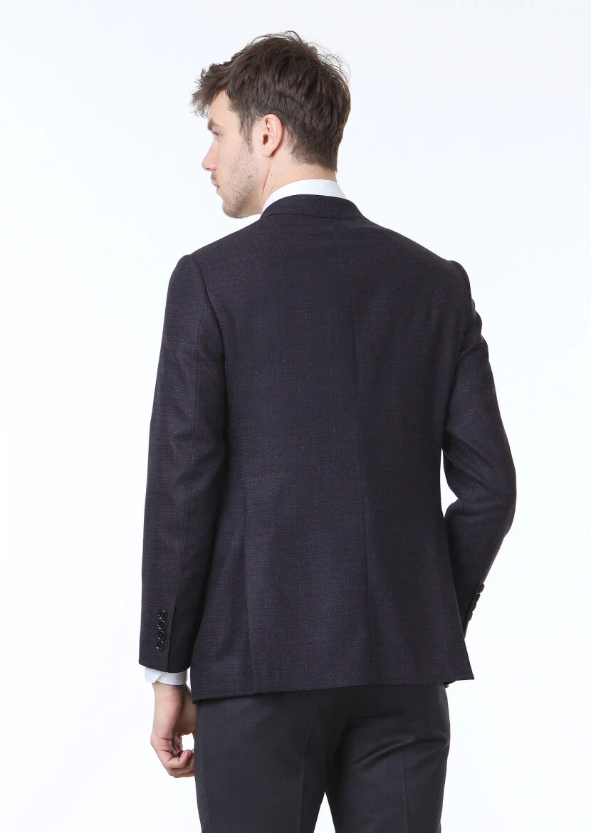 Navy Blue Checkered Regular Fit Wool Blended Jacket - 4