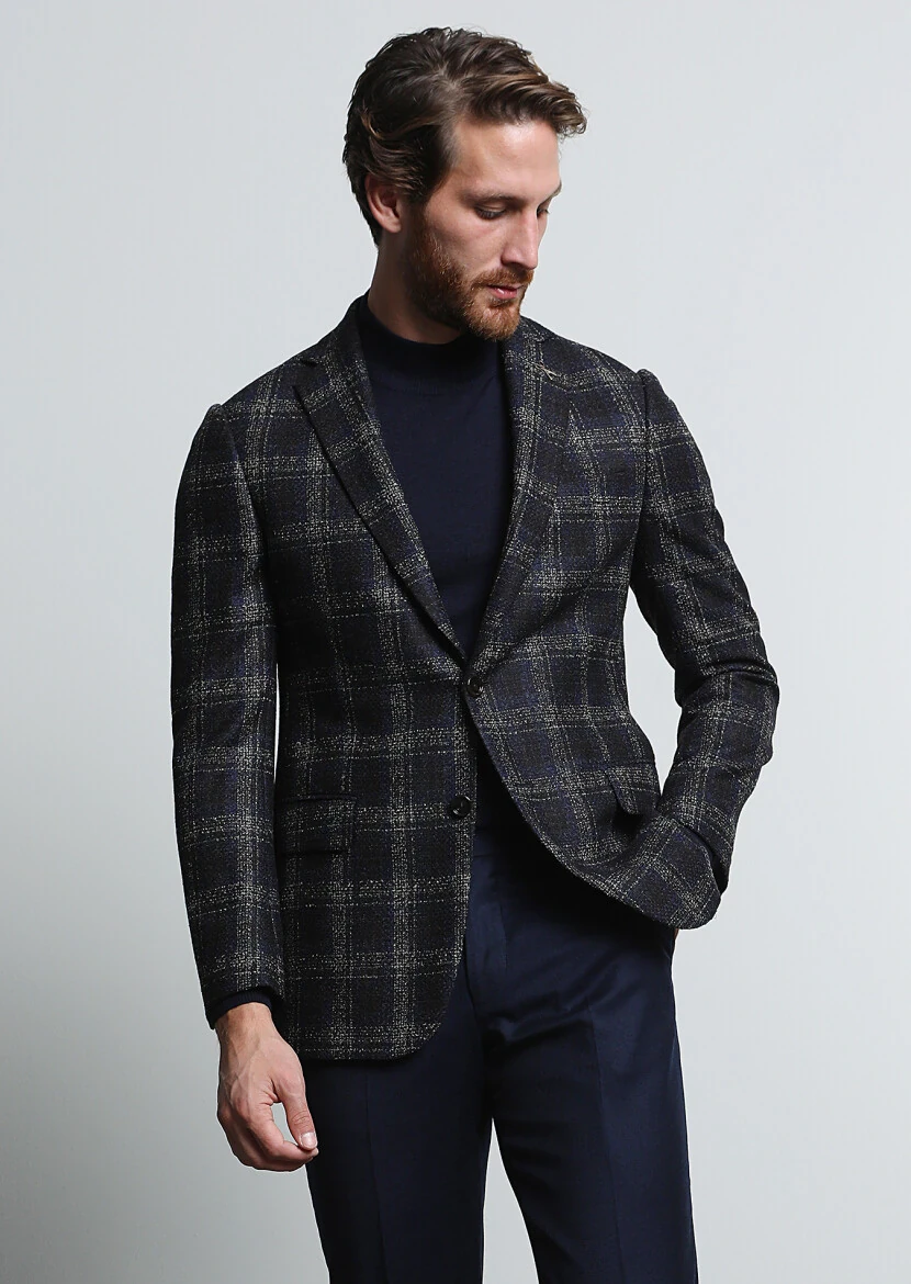 Navy Blue Checkered Regular Fit Wool Blended Jacket - 1