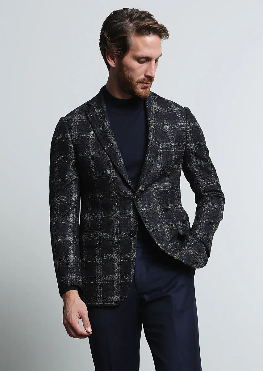 Navy Blue Checkered Regular Fit Wool Blended Jacket - 1