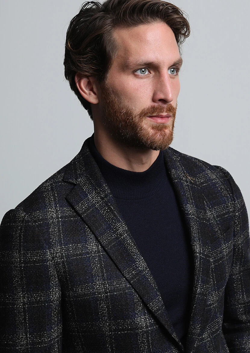 Navy Blue Checkered Regular Fit Wool Blended Jacket - 2