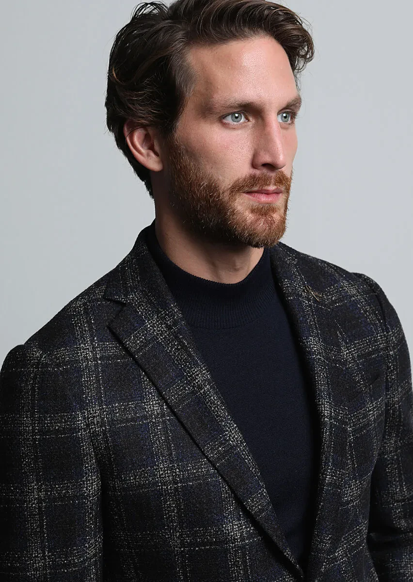 Navy Blue Checkered Regular Fit Wool Blended Jacket - 2