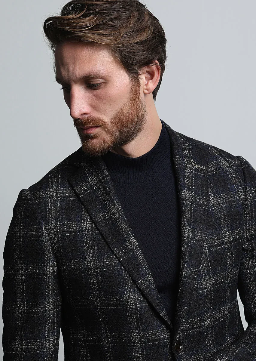 Navy Blue Checkered Regular Fit Wool Blended Jacket - 3