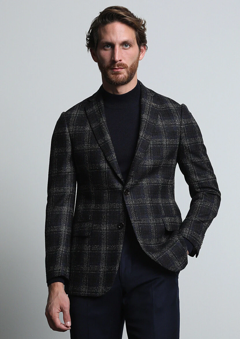 Navy Blue Checkered Regular Fit Wool Blended Jacket - 4