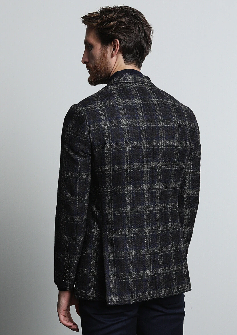 Navy Blue Checkered Regular Fit Wool Blended Jacket - 5