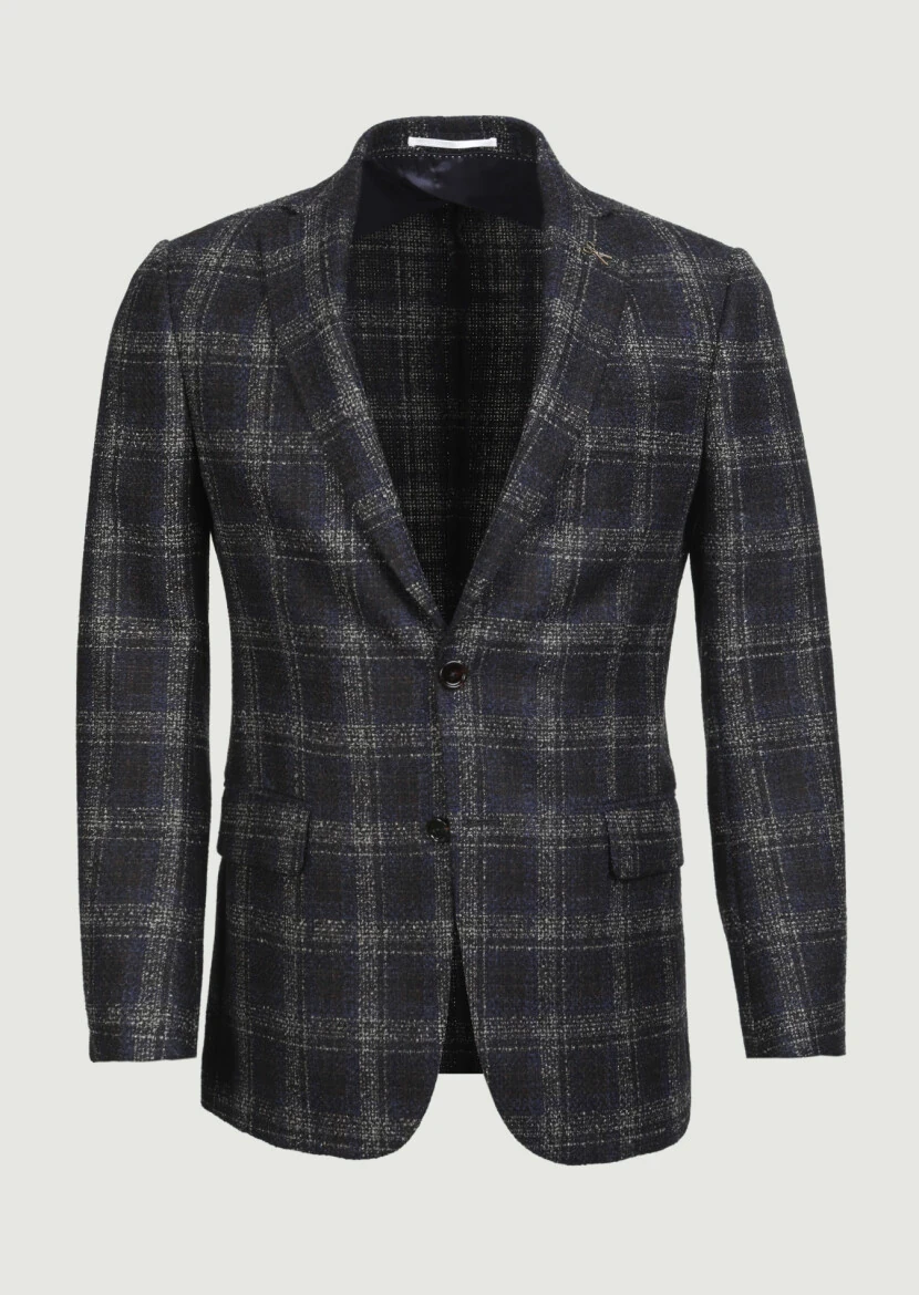 Navy Blue Checkered Regular Fit Wool Blended Jacket - 6