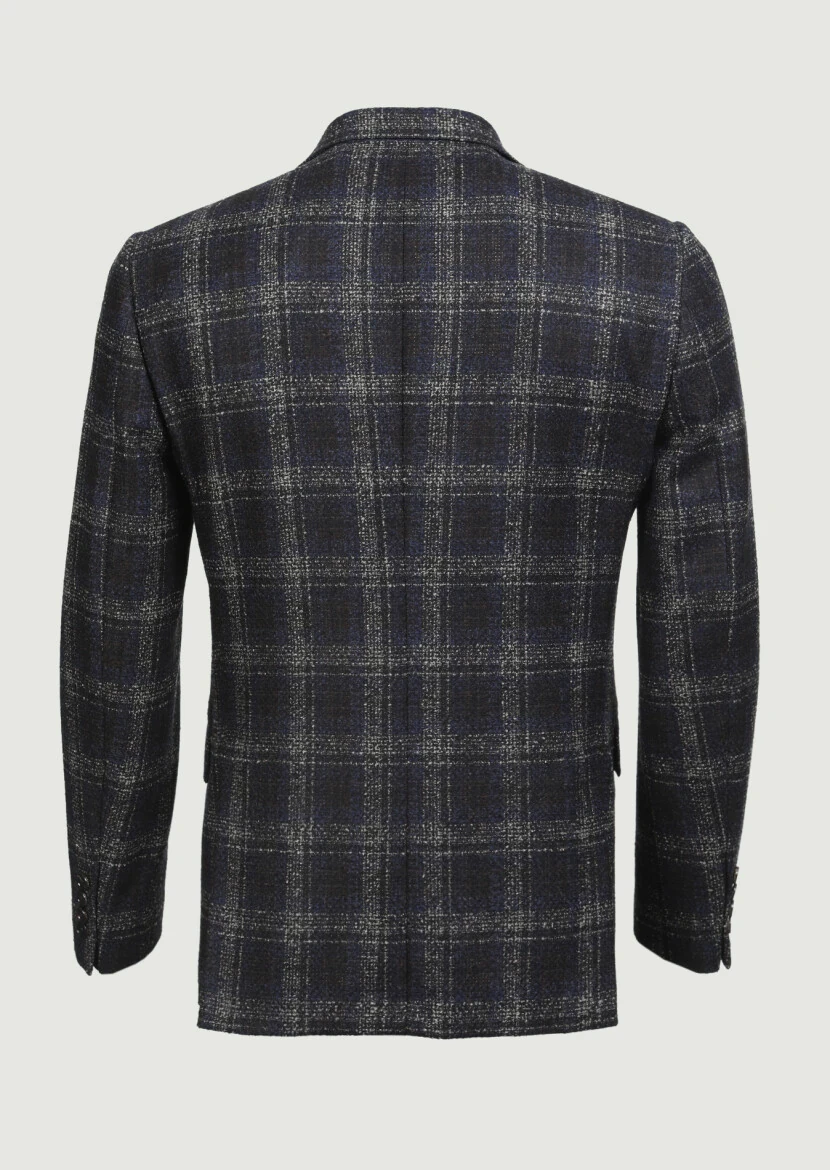 Navy Blue Checkered Regular Fit Wool Blended Jacket - 7
