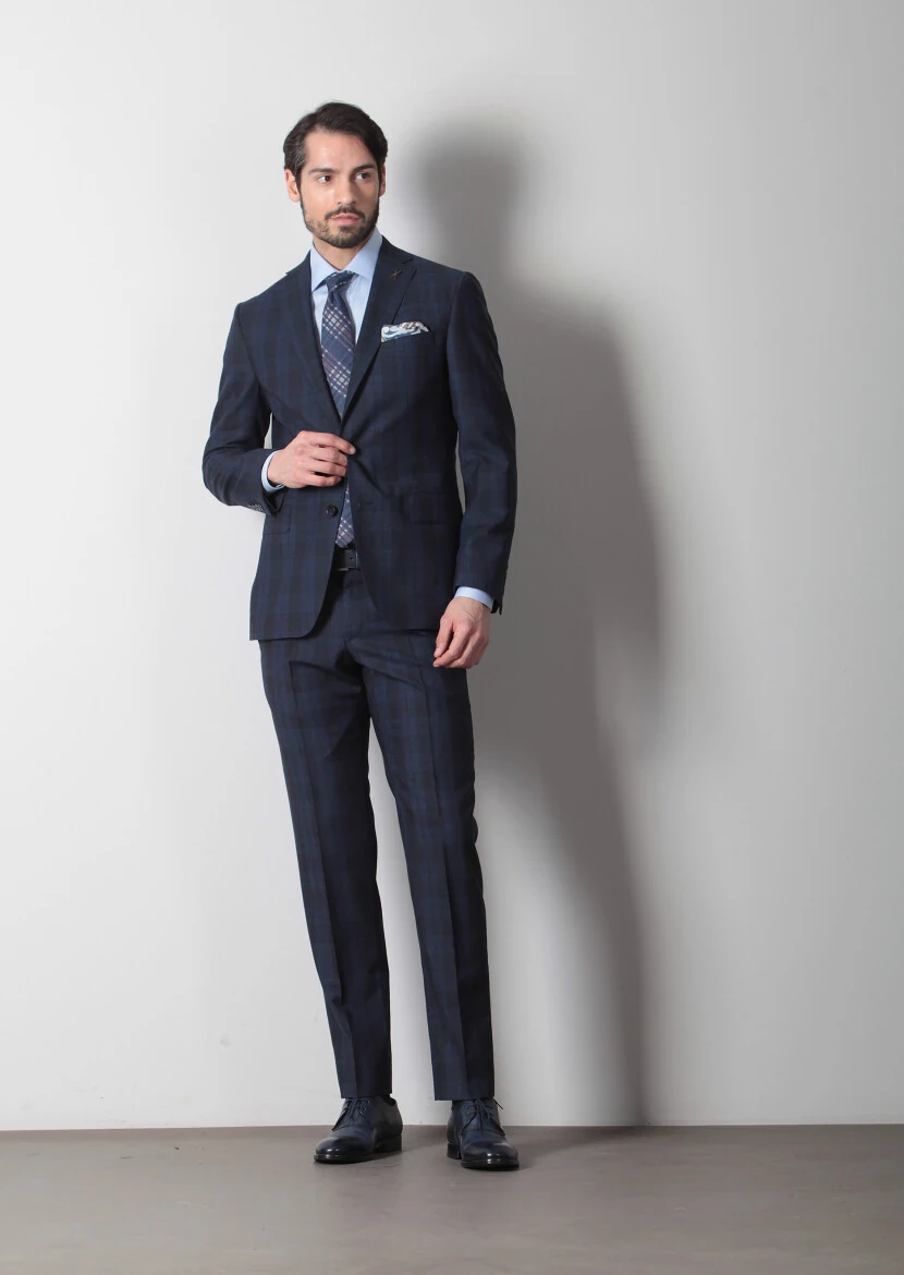 Navy Blue Checkered Zeroweight Slim Fit 100% Wool Suit - 1