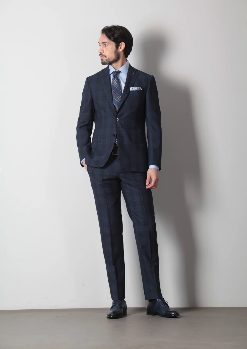 Navy Blue Checkered Zeroweight Slim Fit 100% Wool Suit - 2