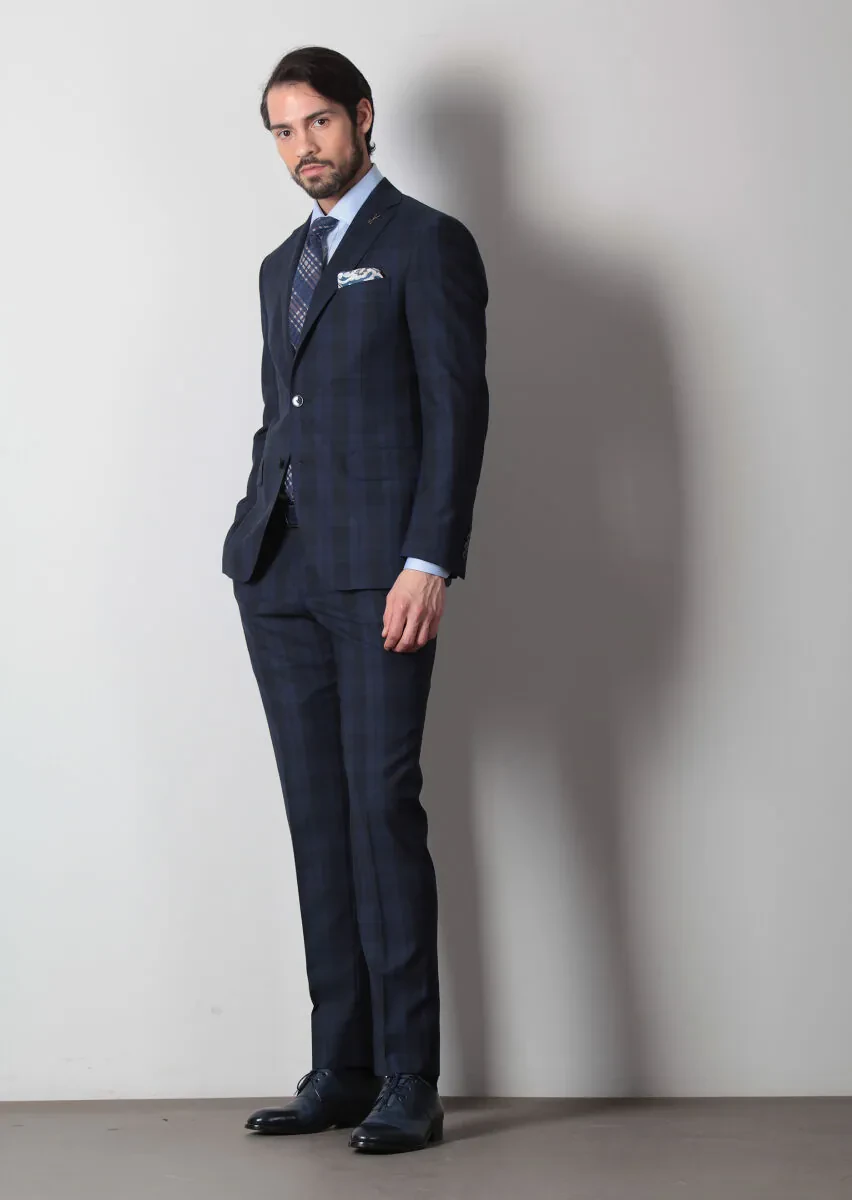 Navy Blue Checkered Zeroweight Slim Fit 100% Wool Suit - 3