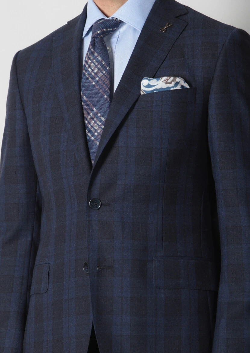 Navy Blue Checkered Zeroweight Slim Fit 100% Wool Suit - 4