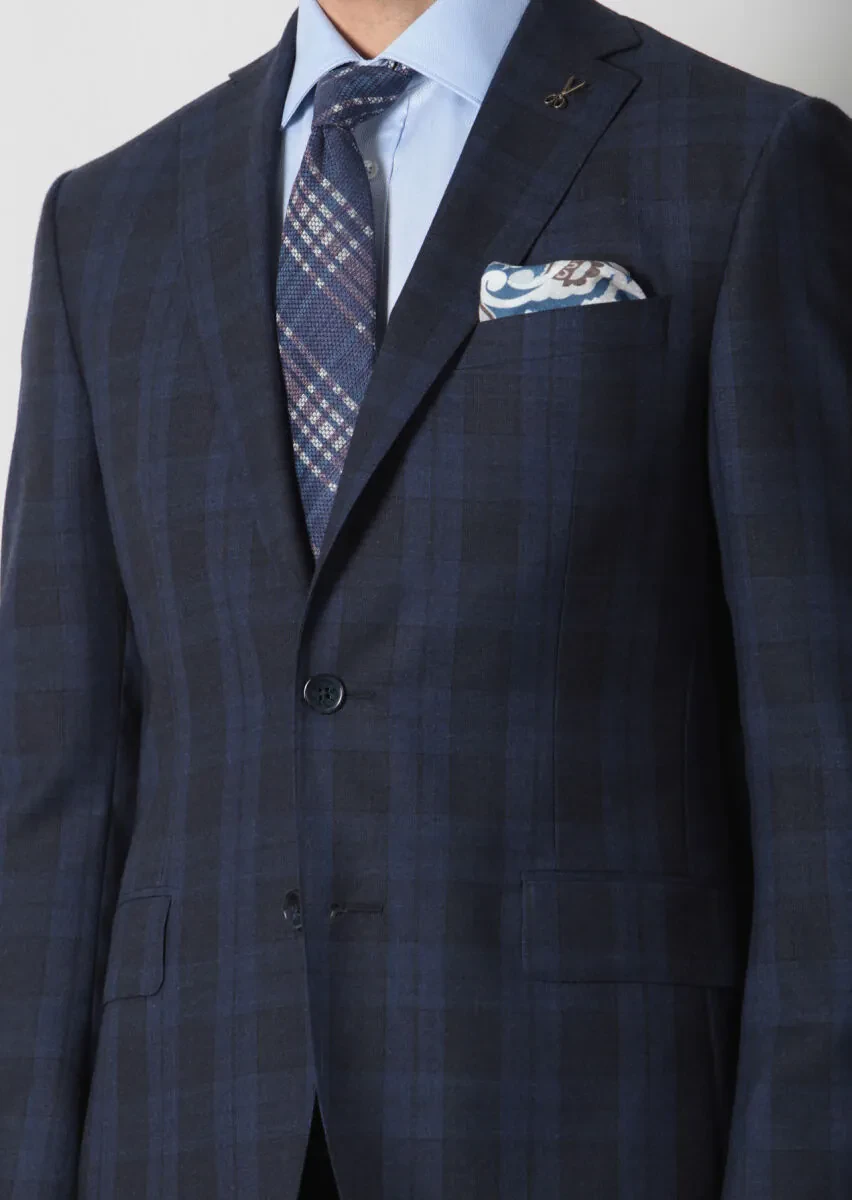 Navy Blue Checkered Zeroweight Slim Fit 100% Wool Suit - 4