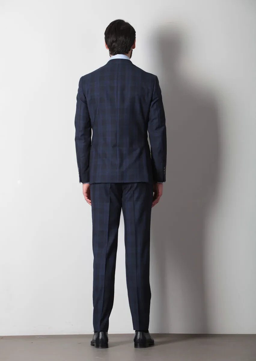 Navy Blue Checkered Zeroweight Slim Fit 100% Wool Suit - 5
