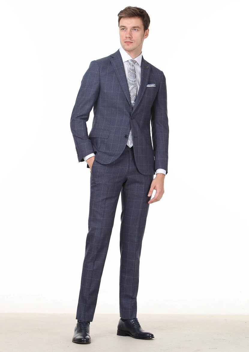 Navy Blue Checkered Zeroweight Slim Fit 100% Wool Suit - 1