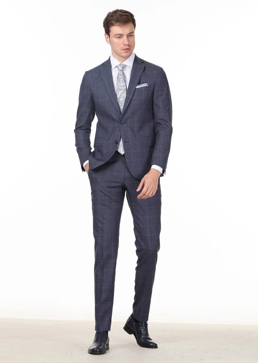 Navy Blue Checkered Zeroweight Slim Fit 100% Wool Suit - 3