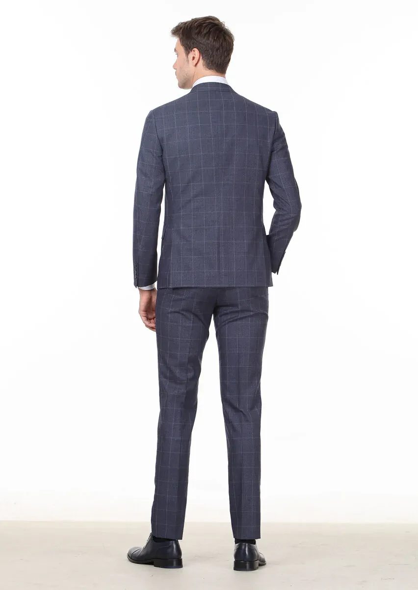 Navy Blue Checkered Zeroweight Slim Fit 100% Wool Suit - 4