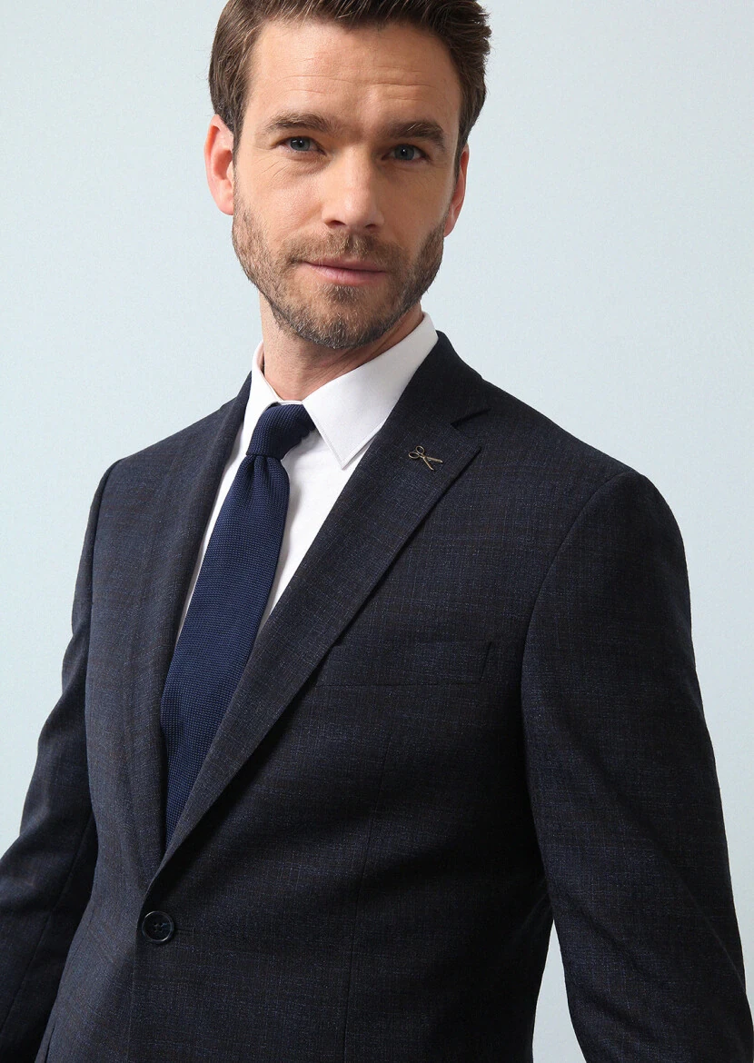 Navy Blue Checkered Zeroweight Slim Fit 100% Wool Suit - 2