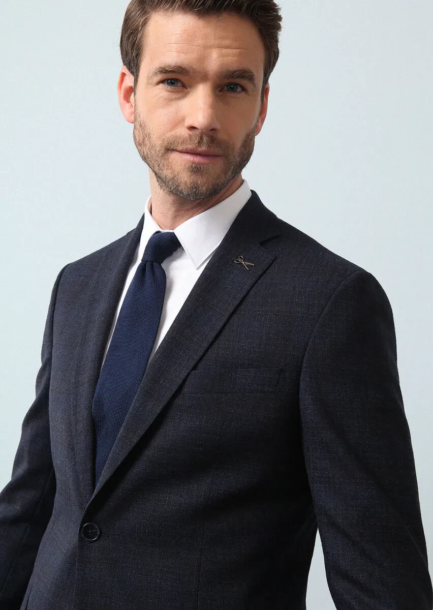 Navy Blue Checkered Zeroweight Slim Fit 100% Wool Suit - 2