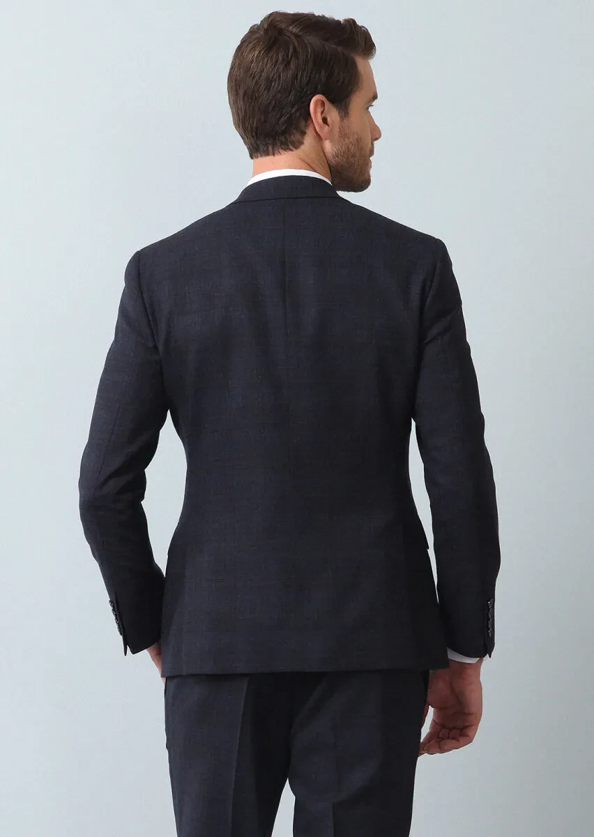 Navy Blue Checkered Zeroweight Slim Fit 100% Wool Suit - 5