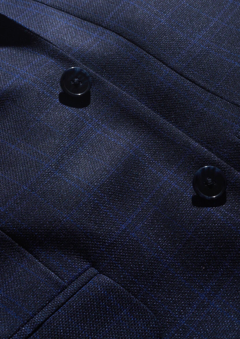 Navy Blue Checkered Zeroweight Slim Fit Wool Blended Suit - 7