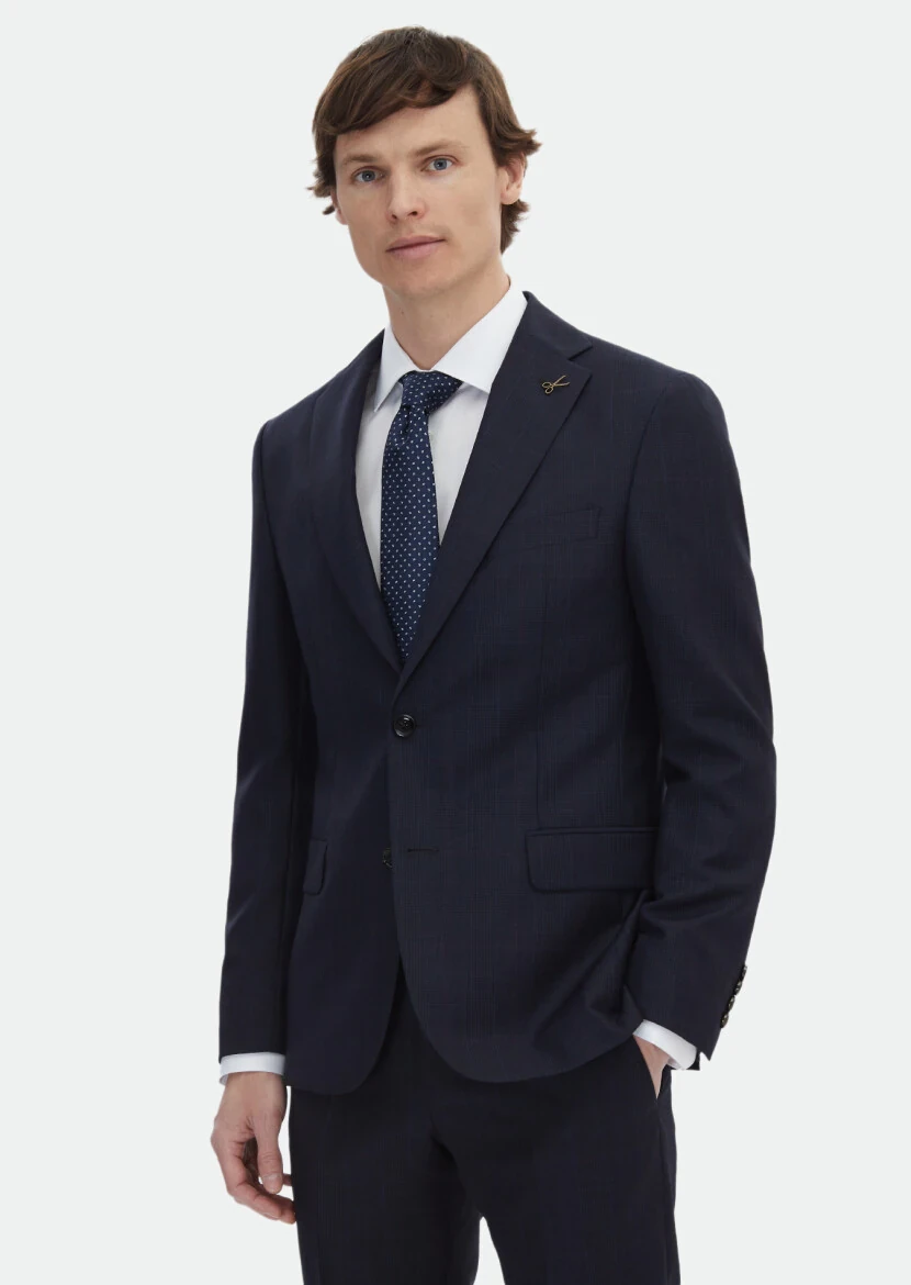 Navy Blue Checkered Zeroweight Slim Fit Wool Blended Suit - RAMSEY