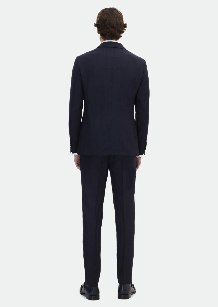 Navy Blue Checkered Zeroweight Slim Fit Wool Blended Suit - 6