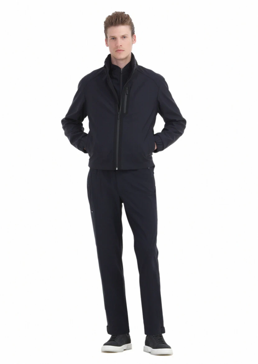 Navy Blue Comfort Fit Hooded Sport Weaving Coat - 3