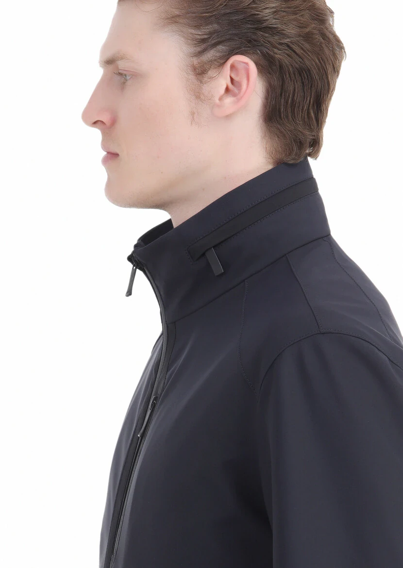 Navy Blue Comfort Fit Hooded Sport Weaving Coat - 5