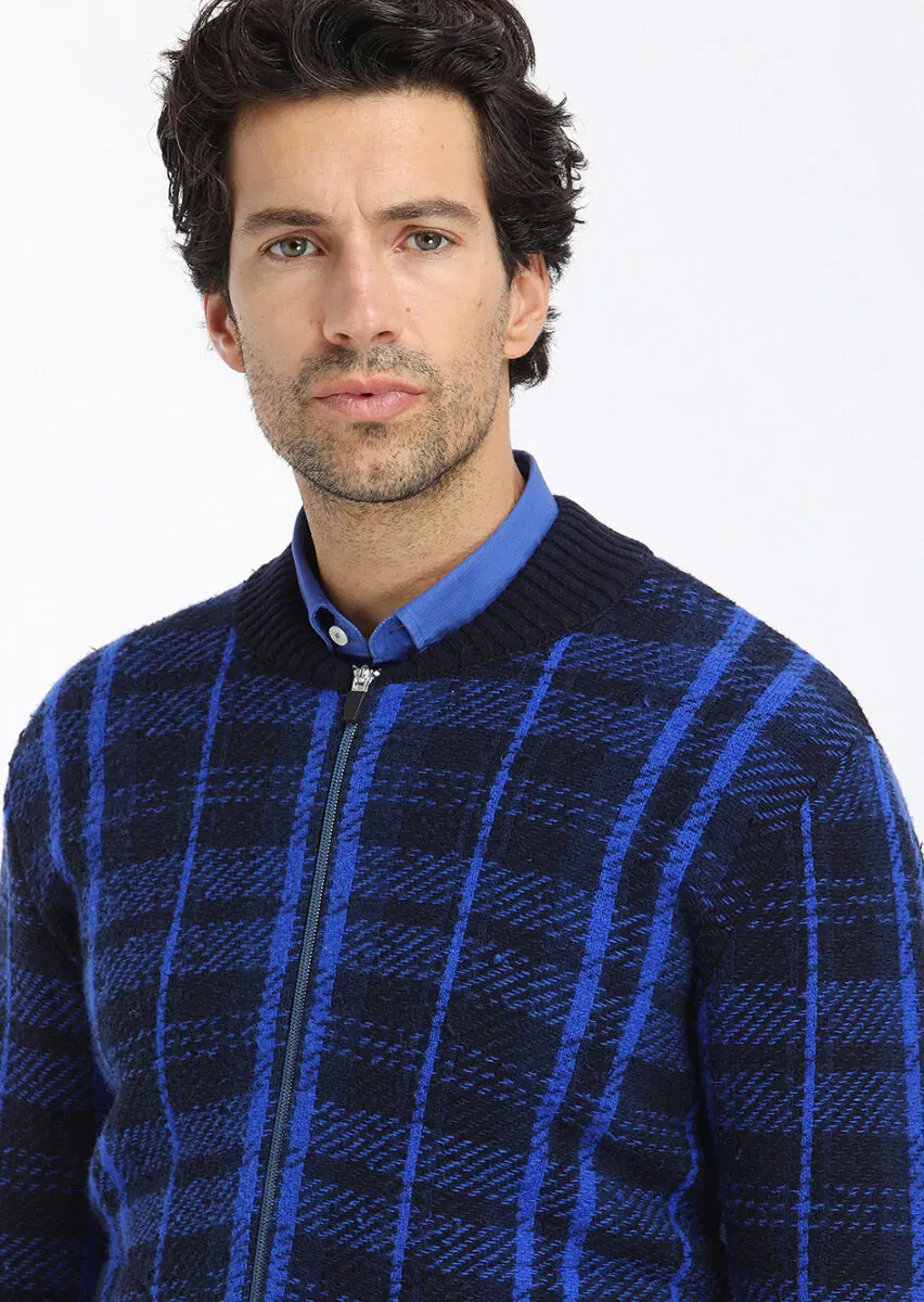 Navy Blue Crew Neck Jacquard Wool Blended Cardigan - 2