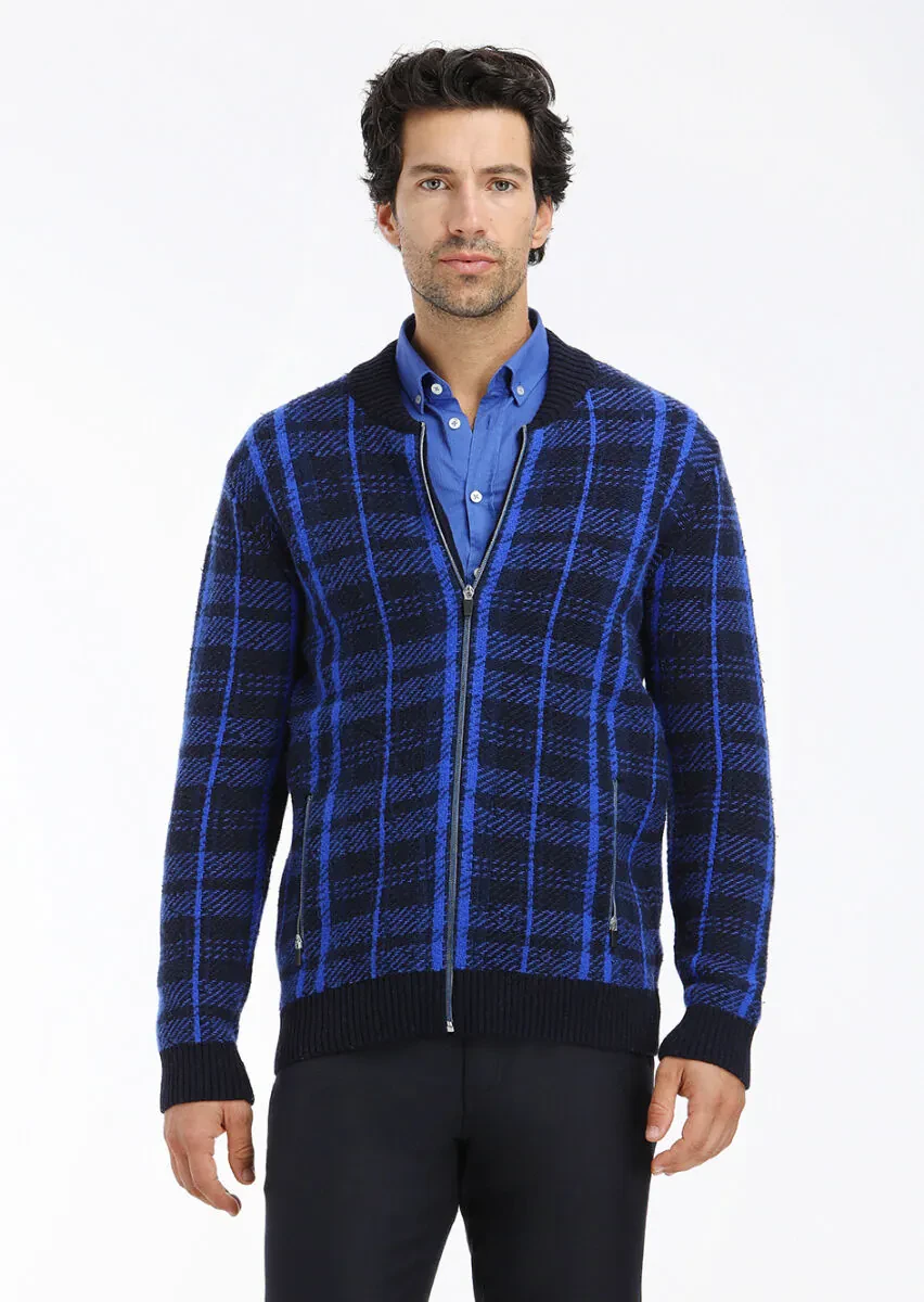 Navy Blue Crew Neck Jacquard Wool Blended Cardigan - 3