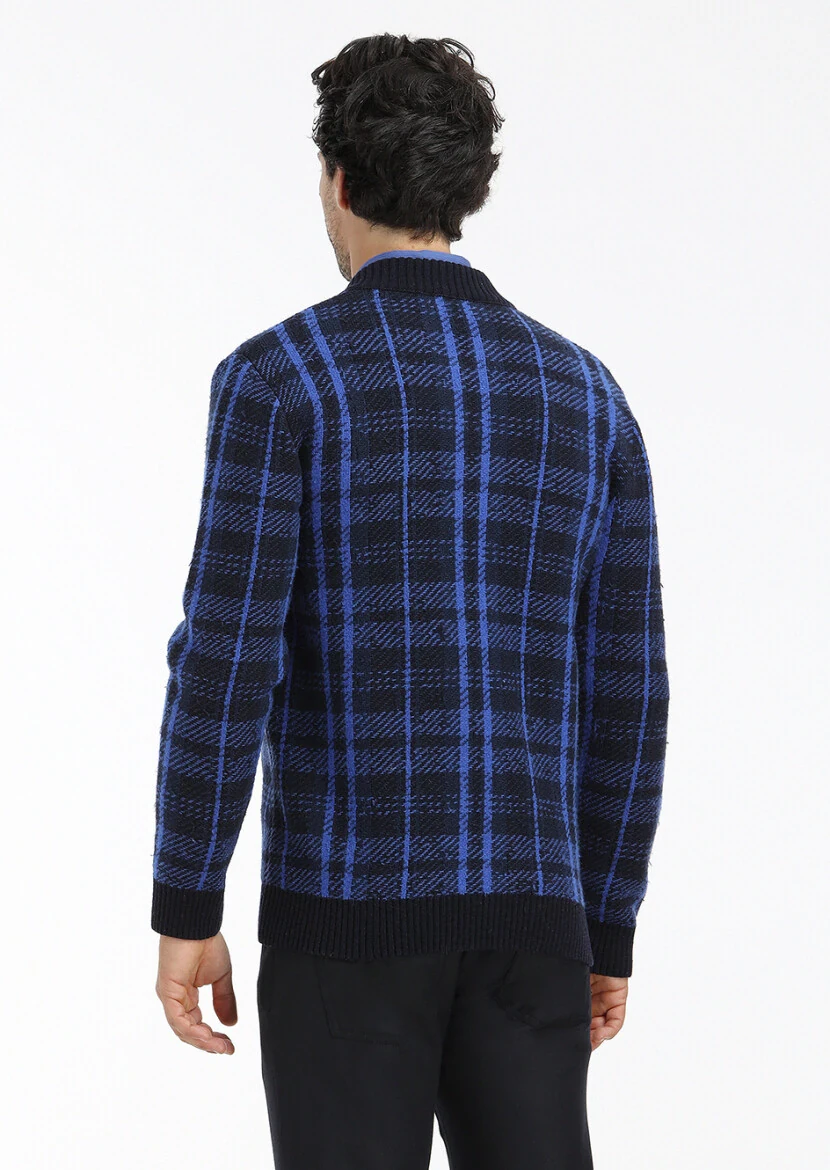 Navy Blue Crew Neck Jacquard Wool Blended Cardigan - 4