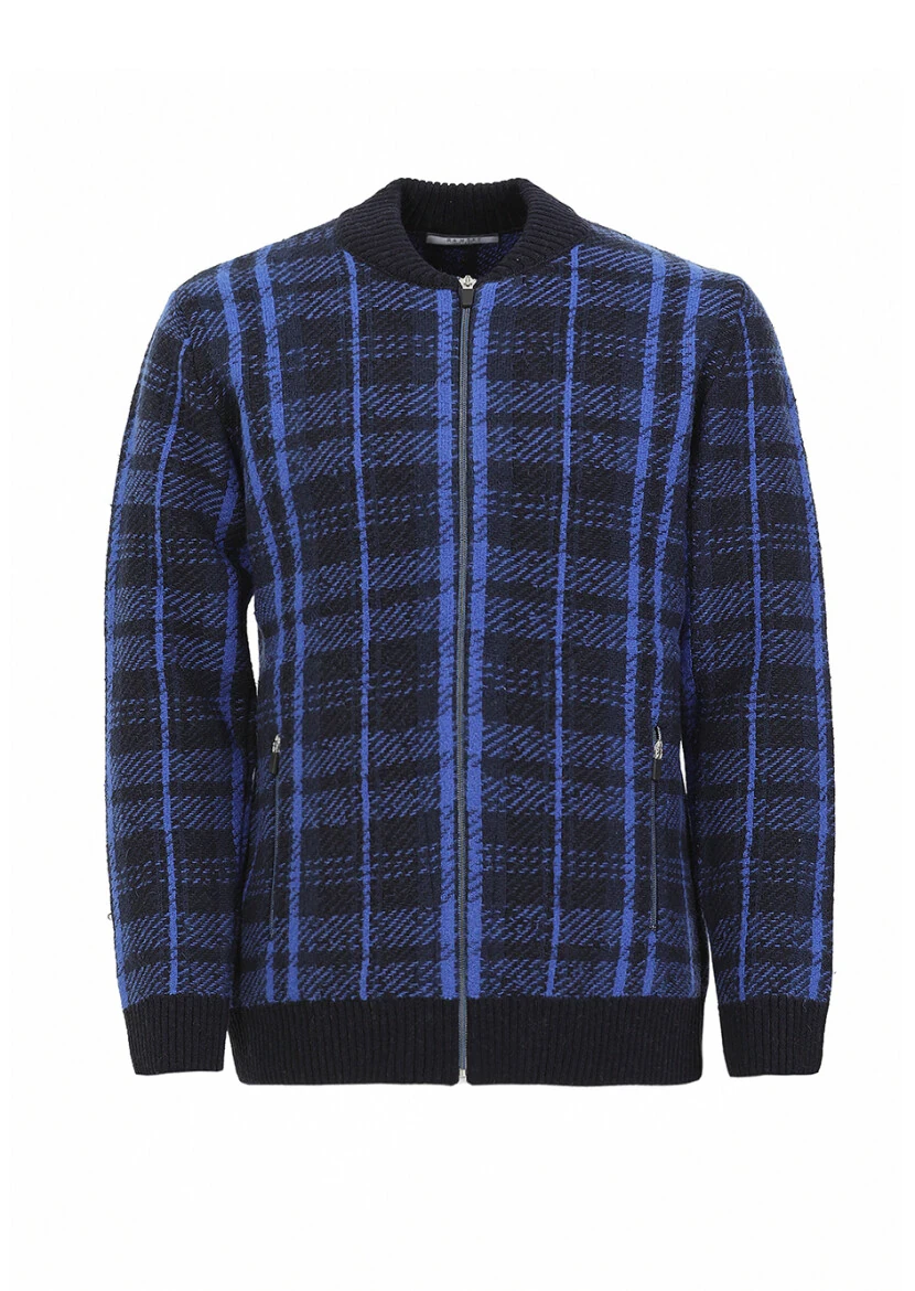 Navy Blue Crew Neck Jacquard Wool Blended Cardigan - 5