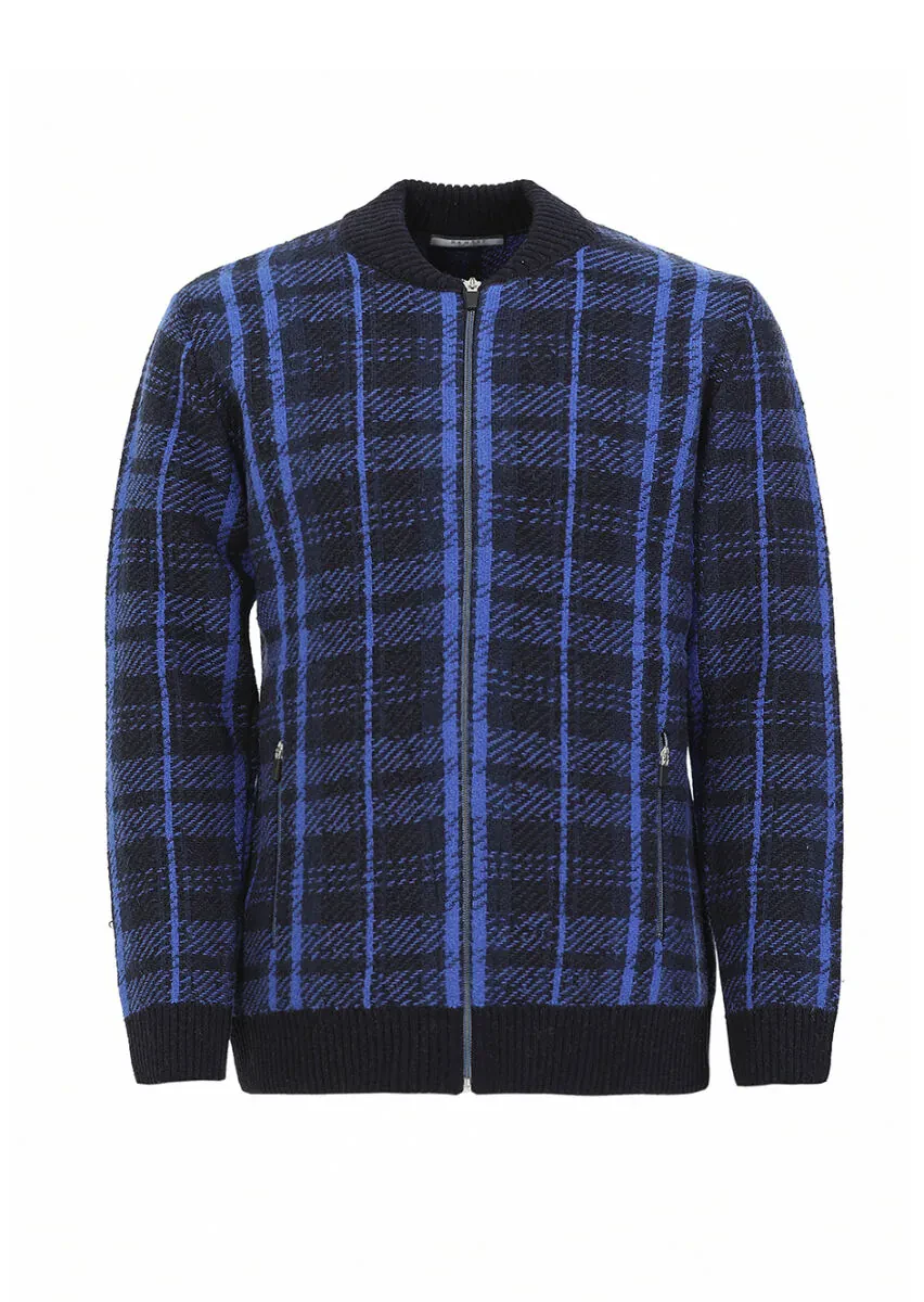 Navy Blue Crew Neck Jacquard Wool Blended Cardigan - 5