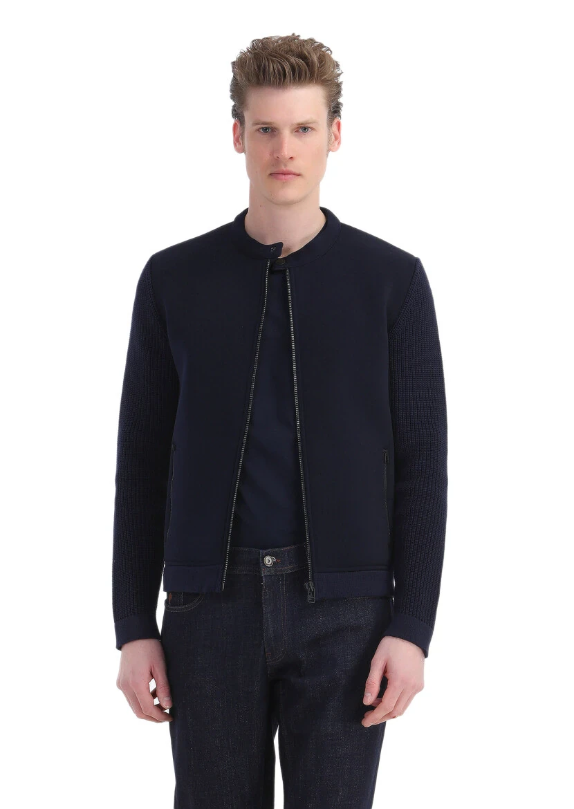 Navy Blue Crew Neck Plain Knitting Cotton Blended Cardigan - RAMSEY