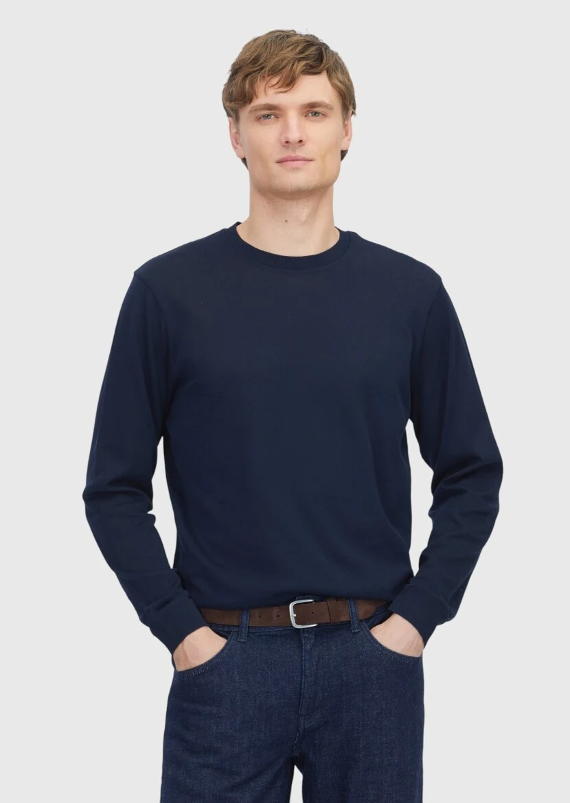 Navy Blue Crew Neck Plain Sweatshirt - RAMSEY